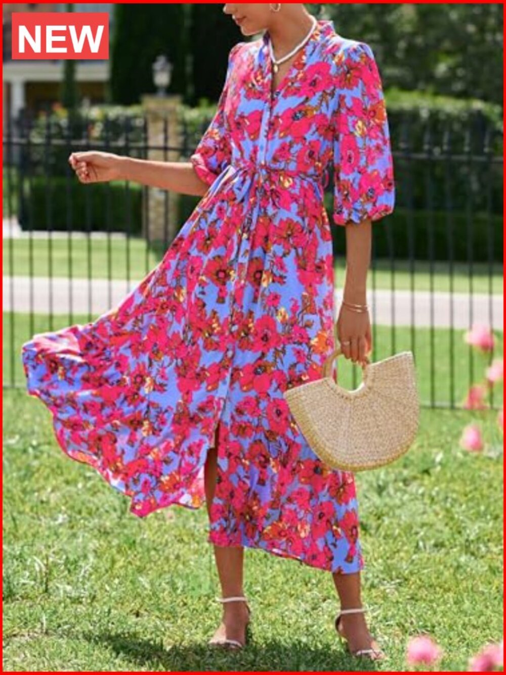 Floral Maxi Dress with V-Neck, Puff Sleeves, Tie Waist, Hidden Pockets - Picture 4 of 7